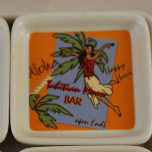 Tiki Bar Condiment Dishes Godinger & Co Tahitian Moon Porcelain Plates 5 pc Set - Picture 4 of 13